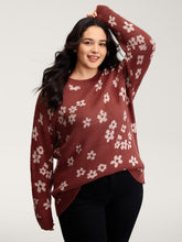 Floral Pattern Round Neck Ribbed Pullover
