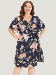 Floral Print Pocket Knot Ruffle Sleeve Wrap Dress