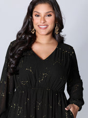 Shimmery Hot Stamped Shirred Pockets Party Dress