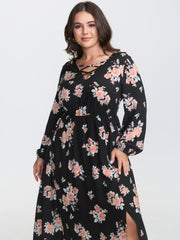 Floral Print Cut-Out Neck Slit Maxi Dress