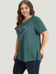 Solid Heart Rhinestone V Neck T-shirt