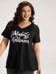Halloween Letter Print V Neck T-shirt