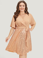 Sequin Patchwork Pocket Belted Surplice Neck Ruffle Dress