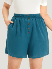 Plain Shirred Pocket Button Detail Shorts