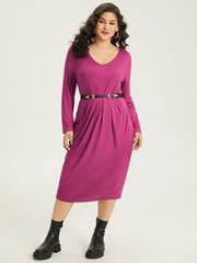 Solid Pocket V Neck Plicated Detail Dress