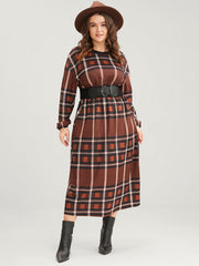 Plaid Patchwork Round Neck Lantern Sleeve Pocket Midi Dress