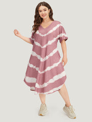 Tie Dye Striped Two Tone V Neck Pocket Dress