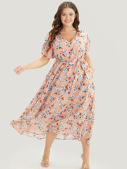 Floral Pocket Ruffles Split Sleeve Asymmetrical Hem Dress