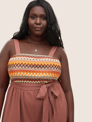 Geometric Embroidered Contrast Belted Wide Leg Jumpsuit