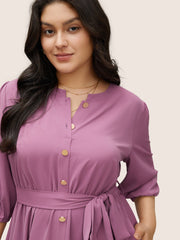 Notched Button Through Elastic Waist Belted Dress