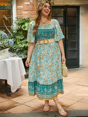 Floral Print Shirred Square Neck Dress