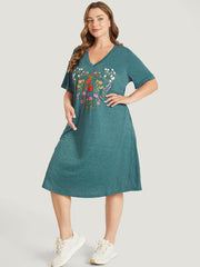 Floral Print Roll Sleeve Pocket V Neck Dress