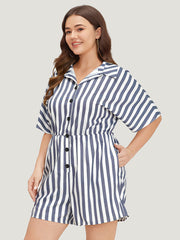 Shirt Collar Button Up Pocket Elastic Waist Romper