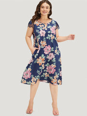 Floral Pocket Keyhole Lace Cap Sleeve Flutter Dress