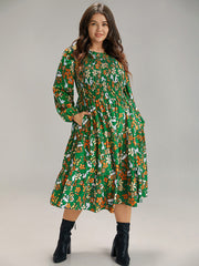 Floral Print Keyhole Shirred Dress