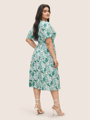 Floral Print Notched Belted Midi Dress