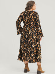 Floral Pocket Bell Sleeve Belted Split Flutter Dress