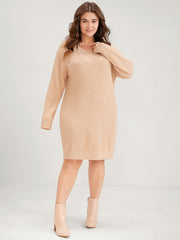 Solid Pointelle Knit Pearls Beaded Round Neck Sweater Dress