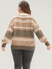 Bandana Pointelle Knit Contrast Geometric Jacquard Knit Top