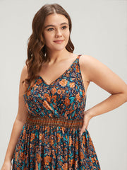 Floral Gathered Button Pocket Cami Maxi Dress