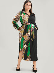 Chain Print Shirt Collar Pocket Split Belted Button Up Dress