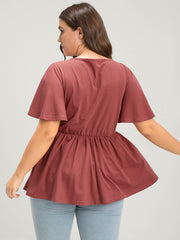 Solid V Neck Ruffles Elastic Waist Lace Up T-shirt