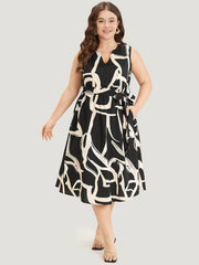 Geometric Print Pocket Notched Belted Tank Dress