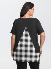 Plaid Pattern Split Back Knit Top