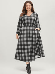 Plaid Print Pocket Lantern Sleeve Surplice Neck Midi Dress