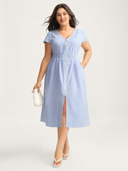 Striped Zipper Front Shirred Waist Midi Dress