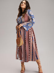 Boho Print Keyhole Split Hem Pocket Dress