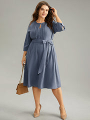 Anti-Wrinkle Solid Belted Pleated Keyhole Dress