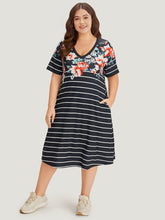 Floral & Striped Print Pocket V Neck Dress