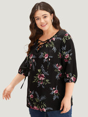 Floral Print Lace Up Lantern Sleeve Blouse