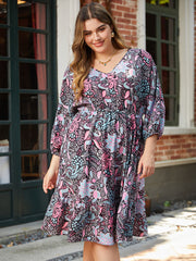 Floral Print Lantern Sleeve Elastic Waist Dress