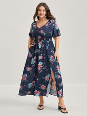 Floral Print Shirred Waist Slit Midi Dress