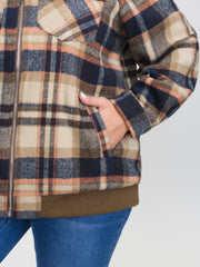 Plaid Pattern Fuzzy Collar Zipper Jacket