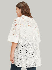 Plain Shirt Collar Broderie Anglaise Open Front Kimono