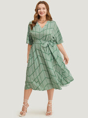 Geometric Print Dolman Sleeve Pocket Belted Ruffles Dress