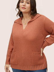 Solid Pocket Pointelle Knit Split Hem Pullover