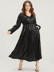 Solid Lantern Sleeve Pocket Wrap Sequin Maxi Dress
