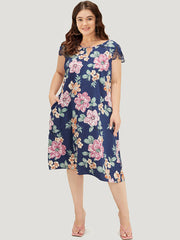 Floral Pocket Keyhole Lace Cap Sleeve Flutter Dress