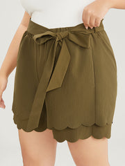 Solid Belted Pocket Scalloped Trim Tiered Shorts