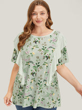 Floral Patchwork Round Neck Striped Ruffle Trim T-shirt