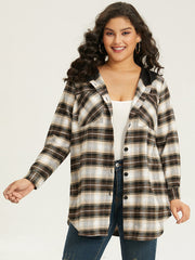 Plaid Button Up Hooded Patchwork Shacket