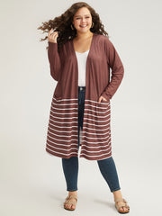 Striped Contrast Pocket Open Front Kimono