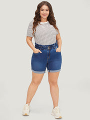 Very Stretchy High Rise Medium Wash Paperbag Waist Denim Shorts