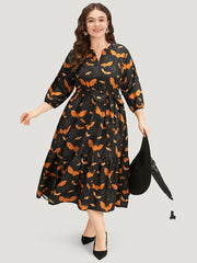 Halloween Bat Print Notched Belted Pocket Dress