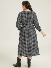 Gingham Button Detail Pocket Lantern Sleeve Dress