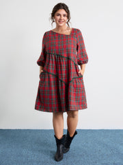 Festive Plaid Wavy Trim Midi Dress